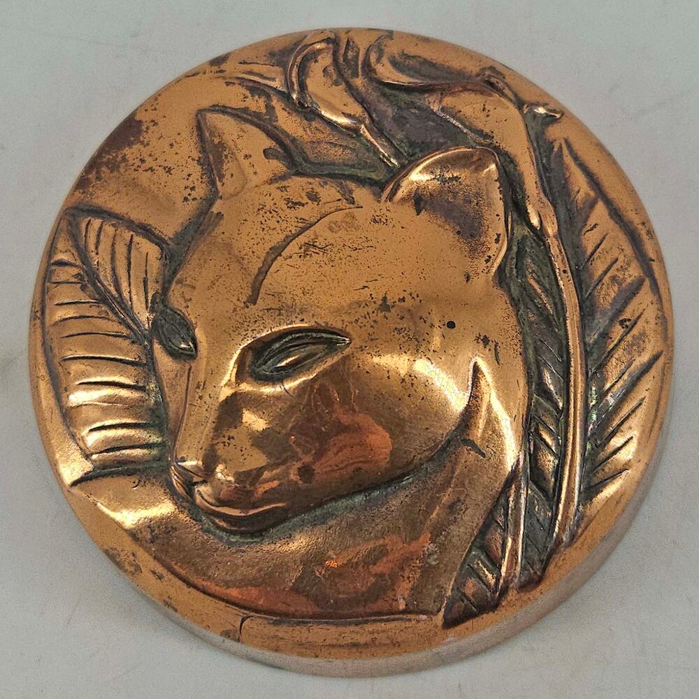 Vintage copper metal embossed tat panther Art Deco style Paperweight